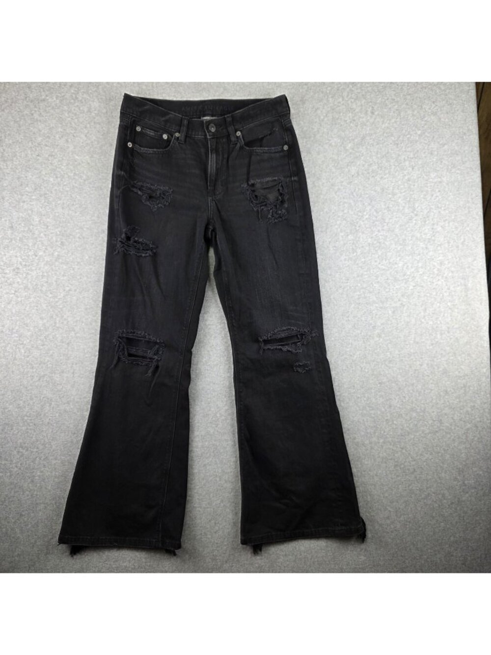 American Eagle Low Rise Baggy Flare Jeans Womens 4 Black Stretch Distressed